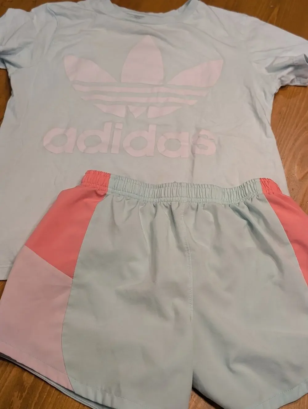 Adidas Running Shorts and Matching Tee, Aqua and Pink, EGU, Youth Lg/14